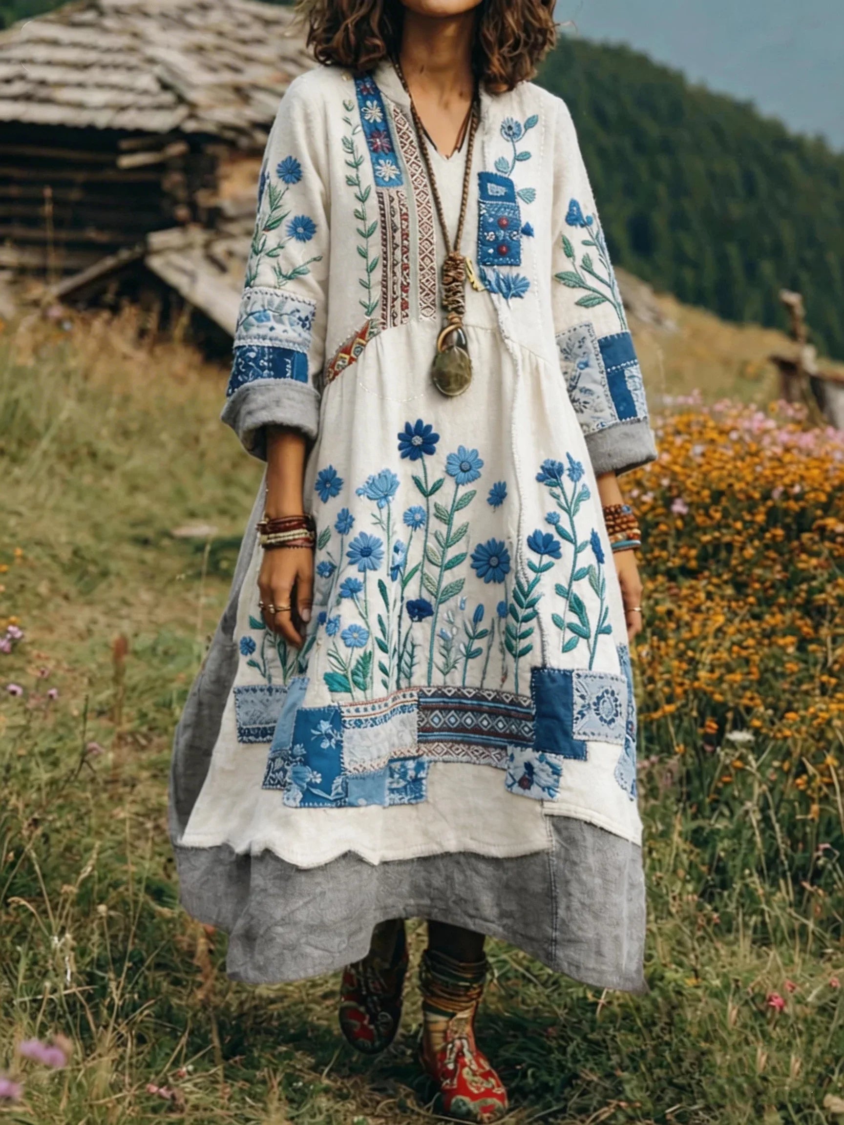 Vestido bohemio mujer patchwork bordado largo – vestido étnico elegante fluido