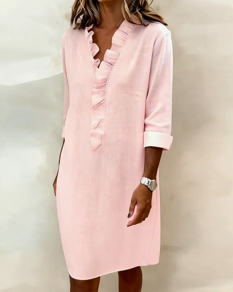 Vestido mujer lino algodón escote V volantes elegante casual