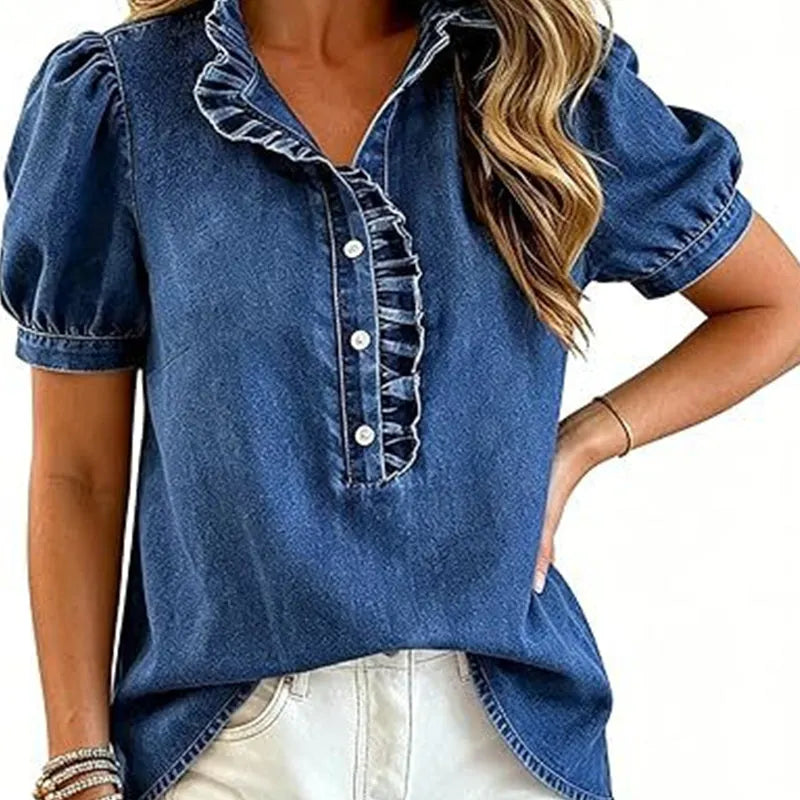 Top denim mujer con cuello volante y mangas abullonadas