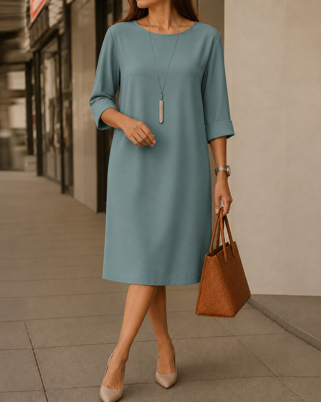 Vestido túnica mujer con cuello redondo y bolsillos
