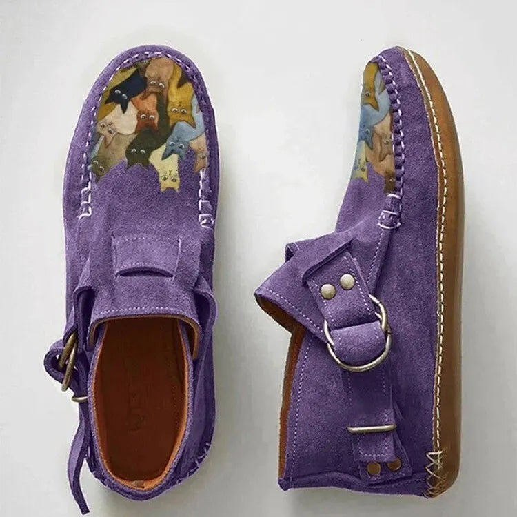 Botines bajos para mujer con estampado de gatos y tira lateral