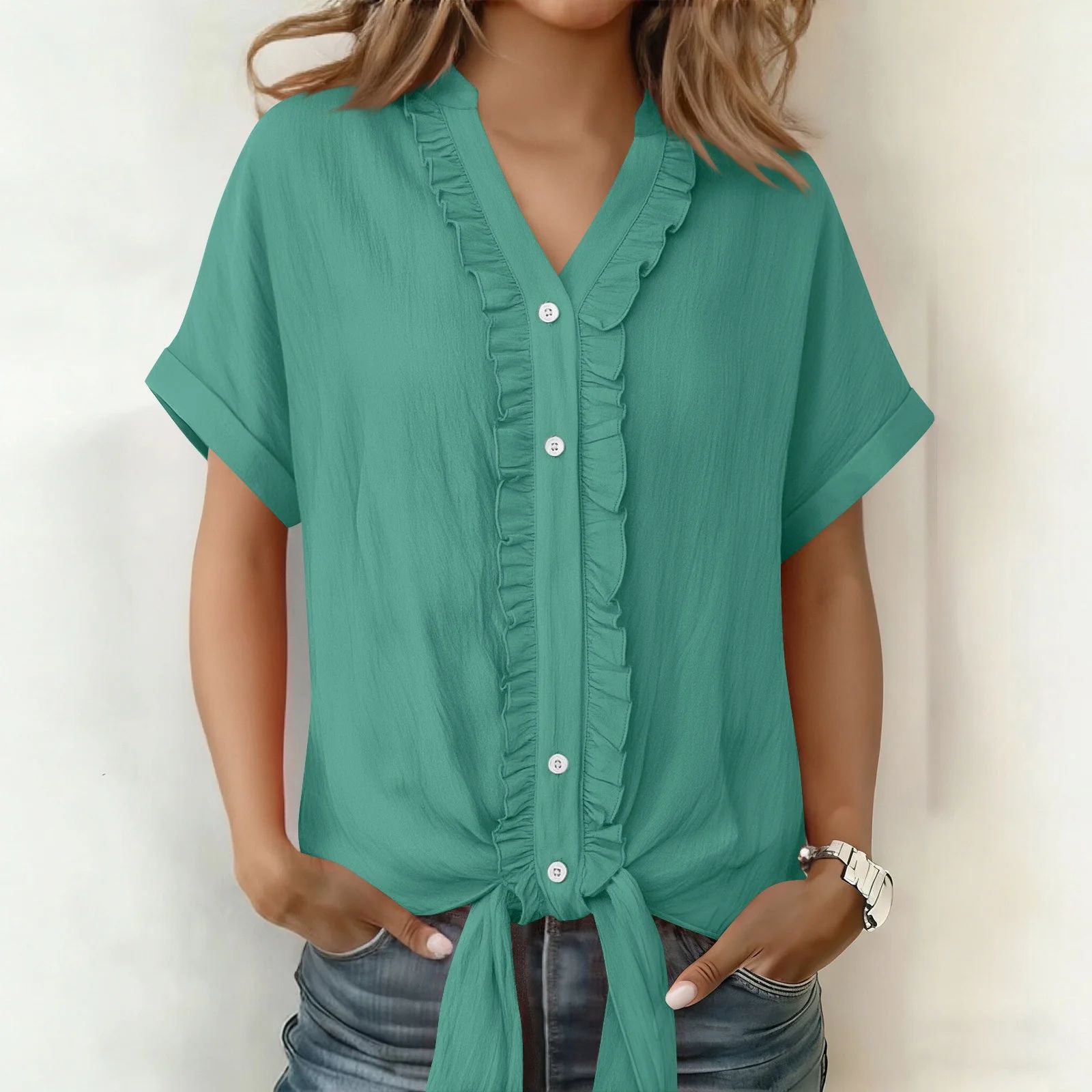 Blusa de Algodón con Cuello en V – Corte Casual Elegante de Verano