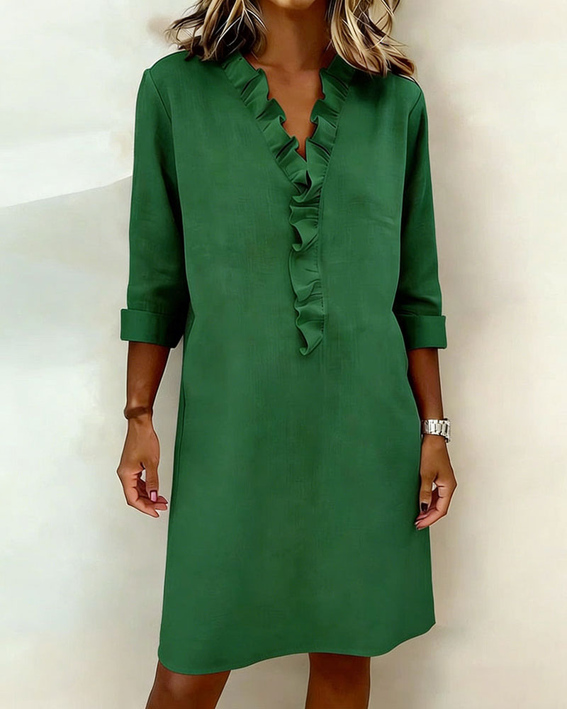 Vestido mujer lino algodón escote V volantes elegante casual