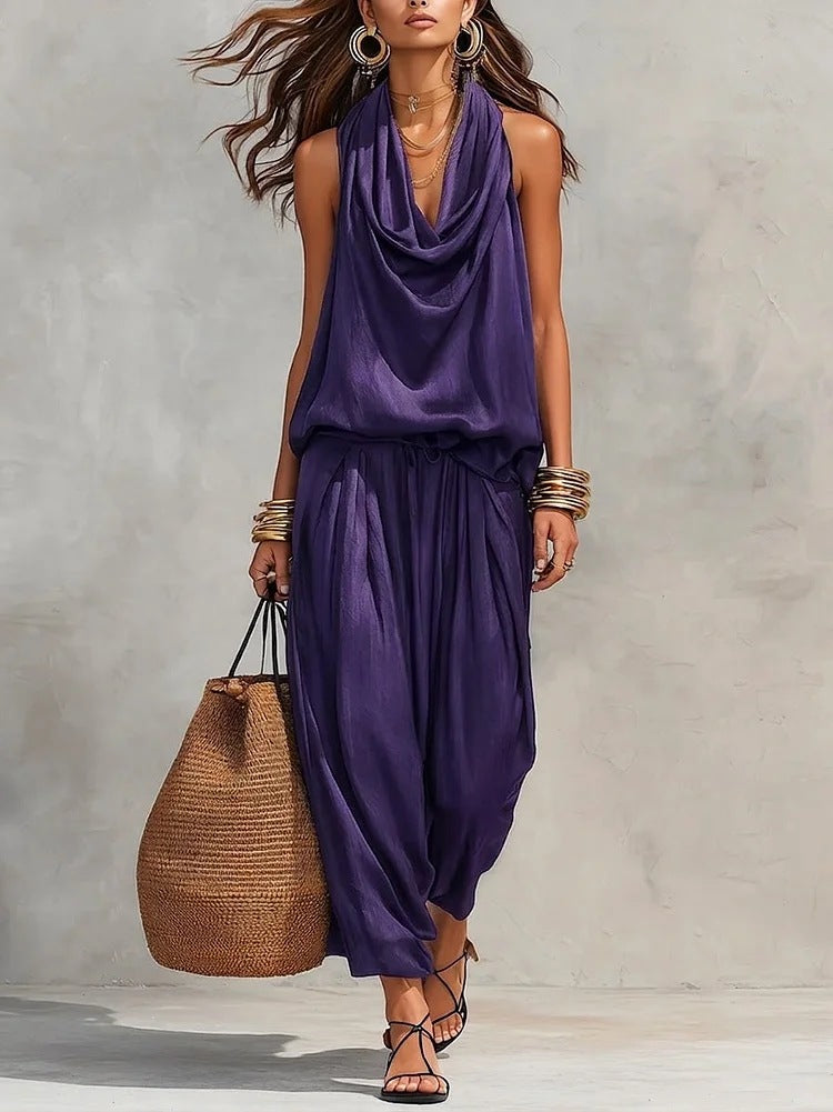 Conjunto Mujer Dos Piezas Fluido Elegante – Pantalón Amplio y Top Drapeado