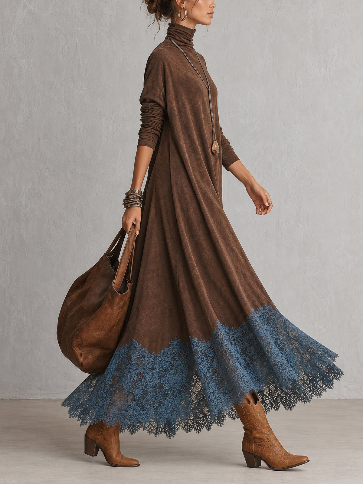 Vestido largo para mujer con cuello alto y bajo de encaje floral
