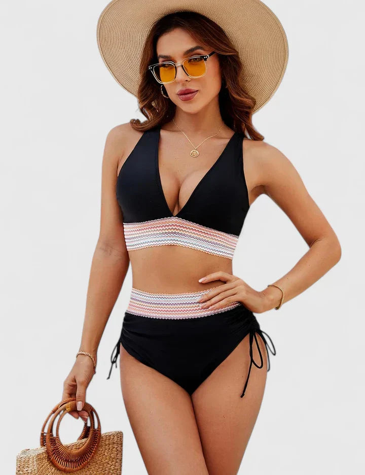 Bikini mujer halter escote V cintura alta crochet cordones laterales playa