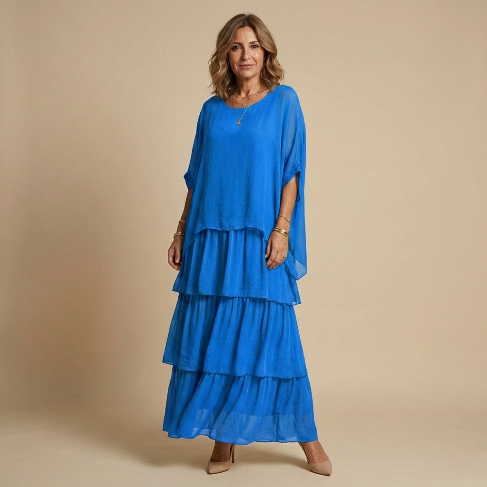 Vestido Largo Mujer Corte Amplio Elegante – Diseño Fluido en Capas y Manga Suelta