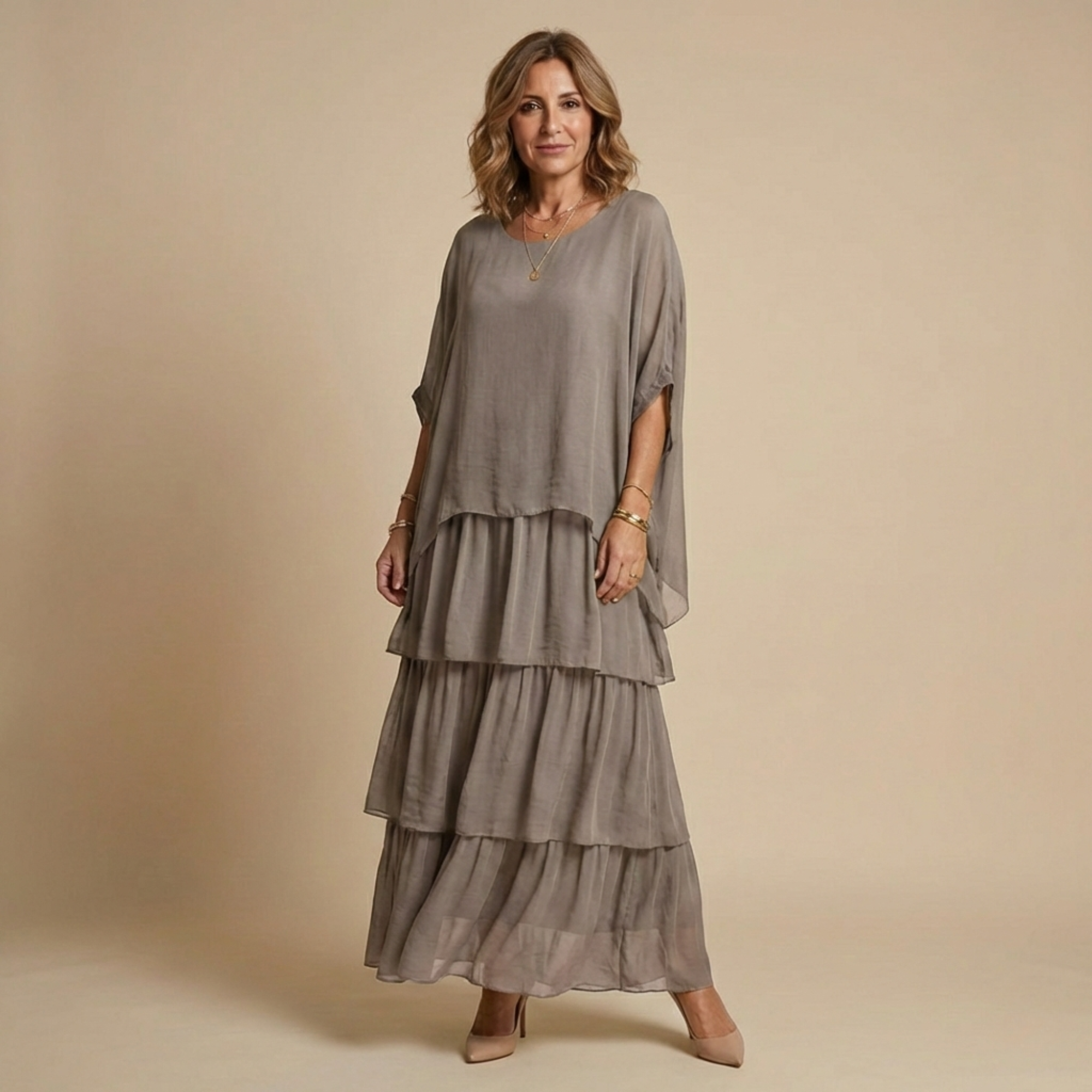 Vestido Largo Mujer Corte Amplio Elegante – Diseño Fluido en Capas y Manga Suelta