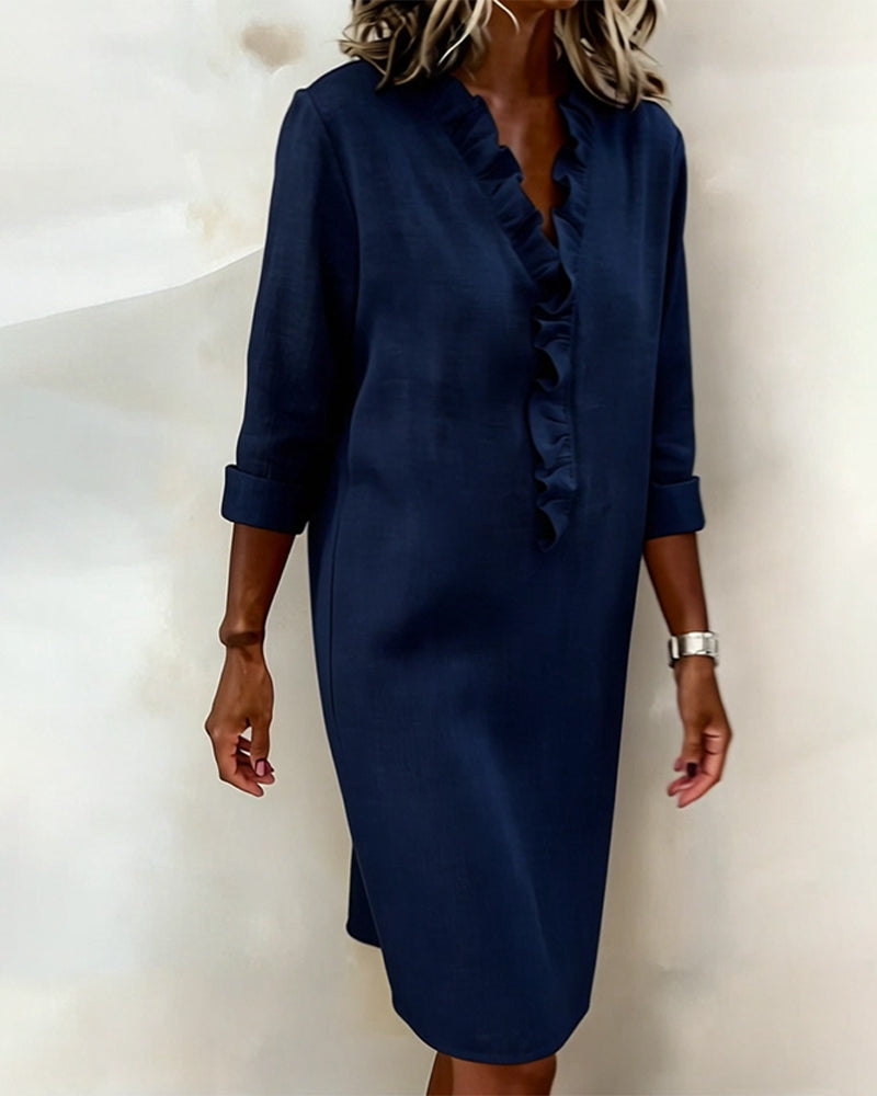 Vestido mujer lino algodón escote V volantes elegante casual