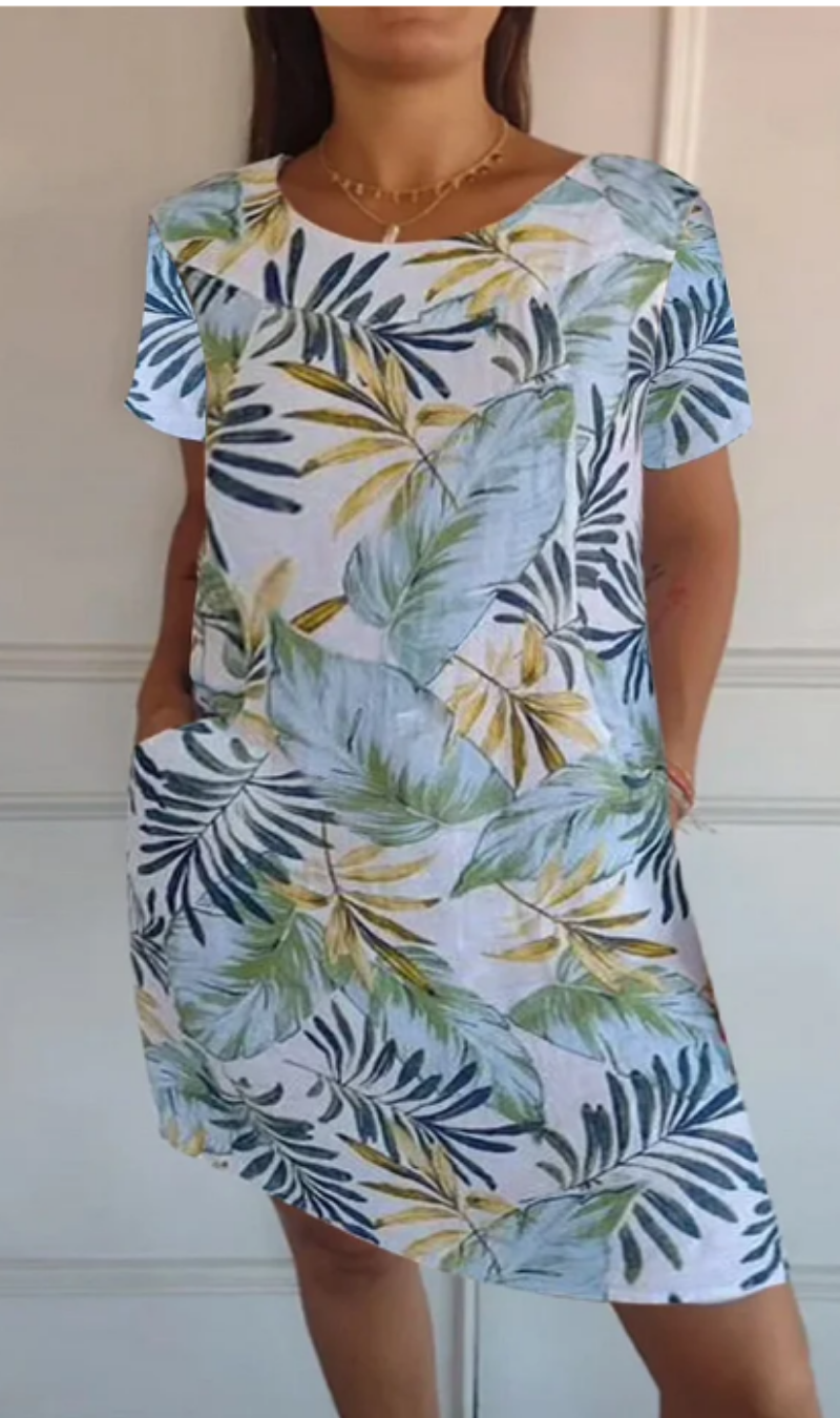 Vestido mujer fluido con estampado vegetal y bolsillos