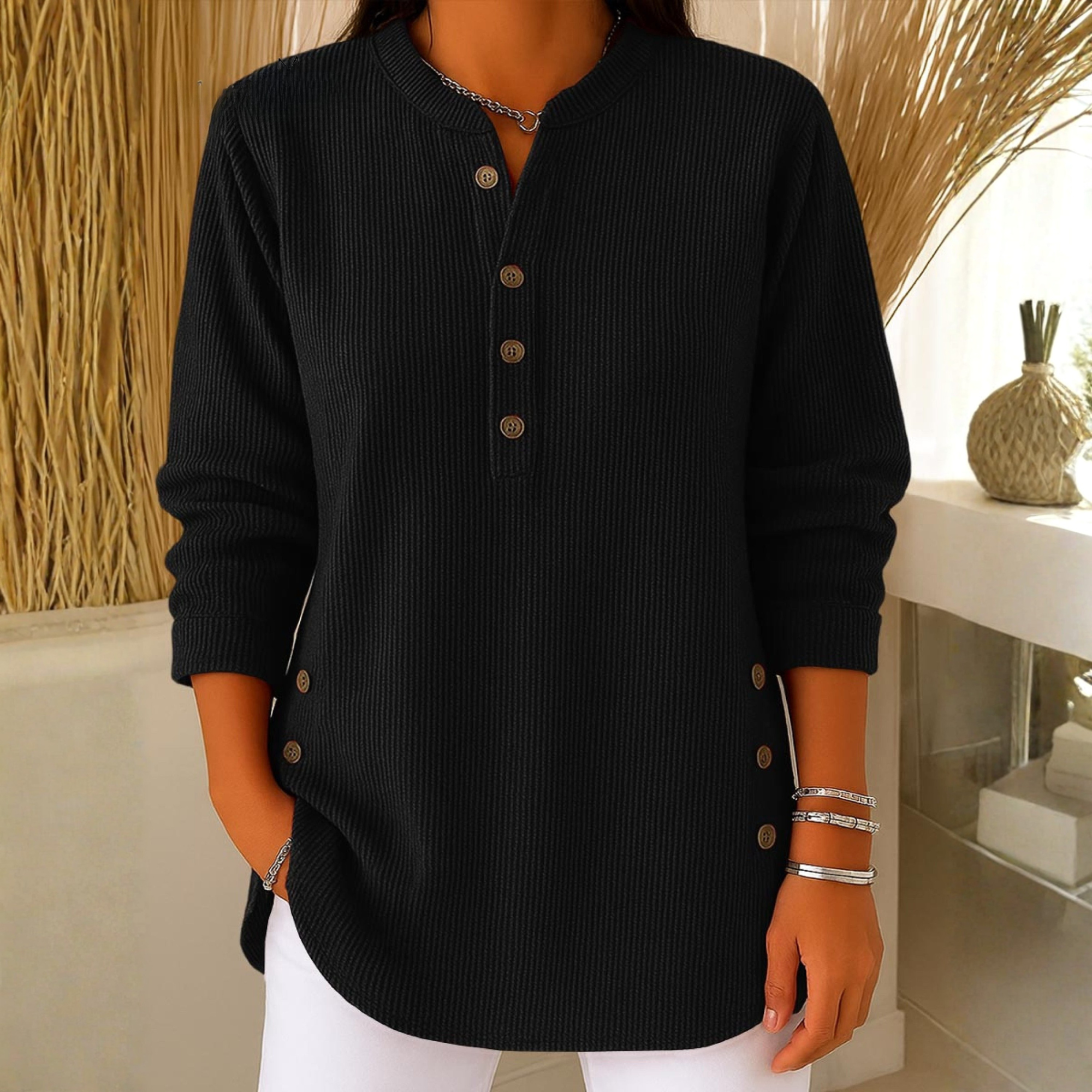 Sudadera Mujer Texturizada Con Botones – Suéter Casual De Manga Larga