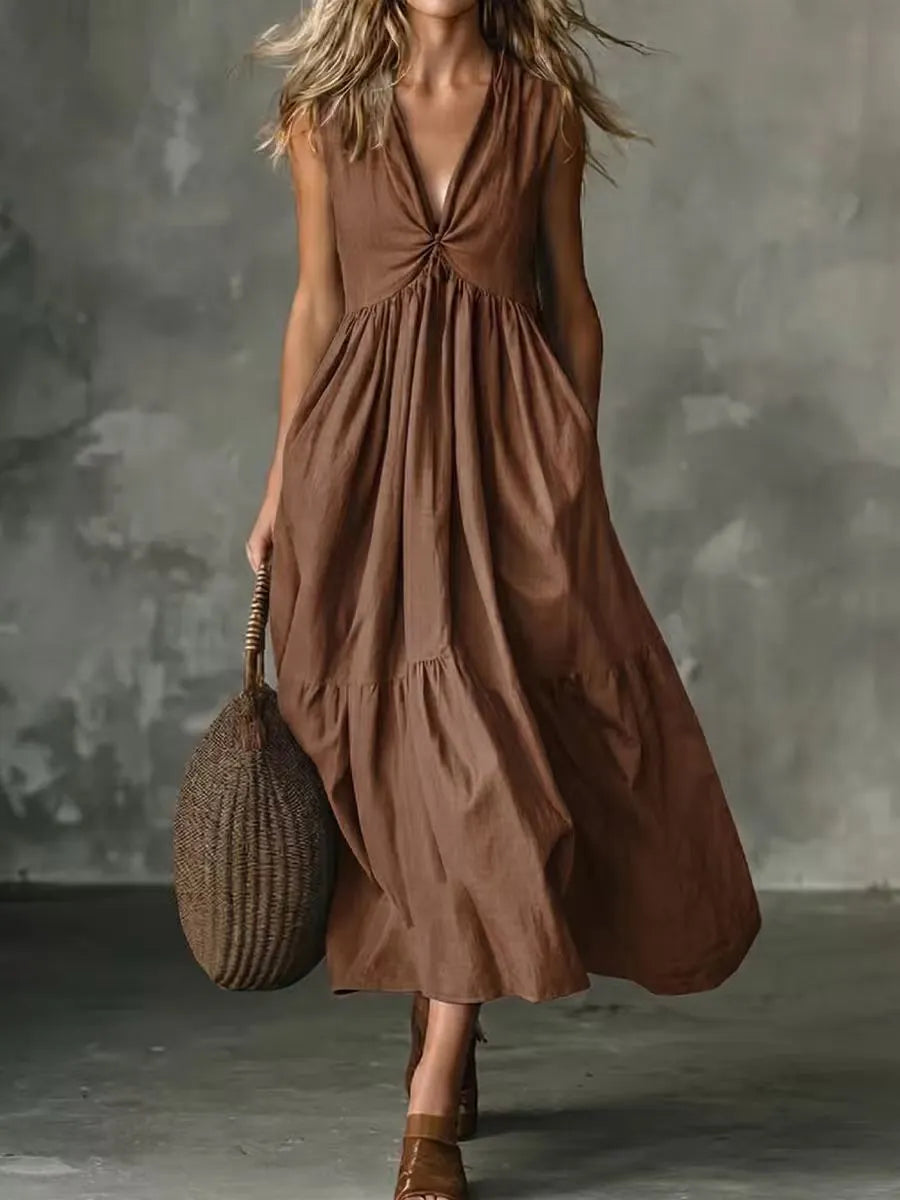 Vestido midi sin mangas para mujer con escote en V y bolsillos
