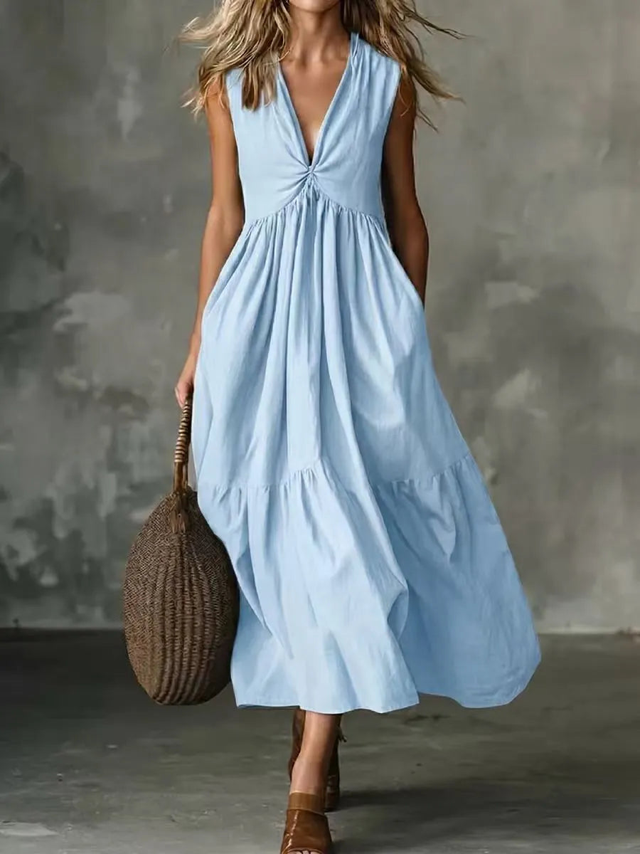 Vestido midi sin mangas para mujer con escote en V y bolsillos
