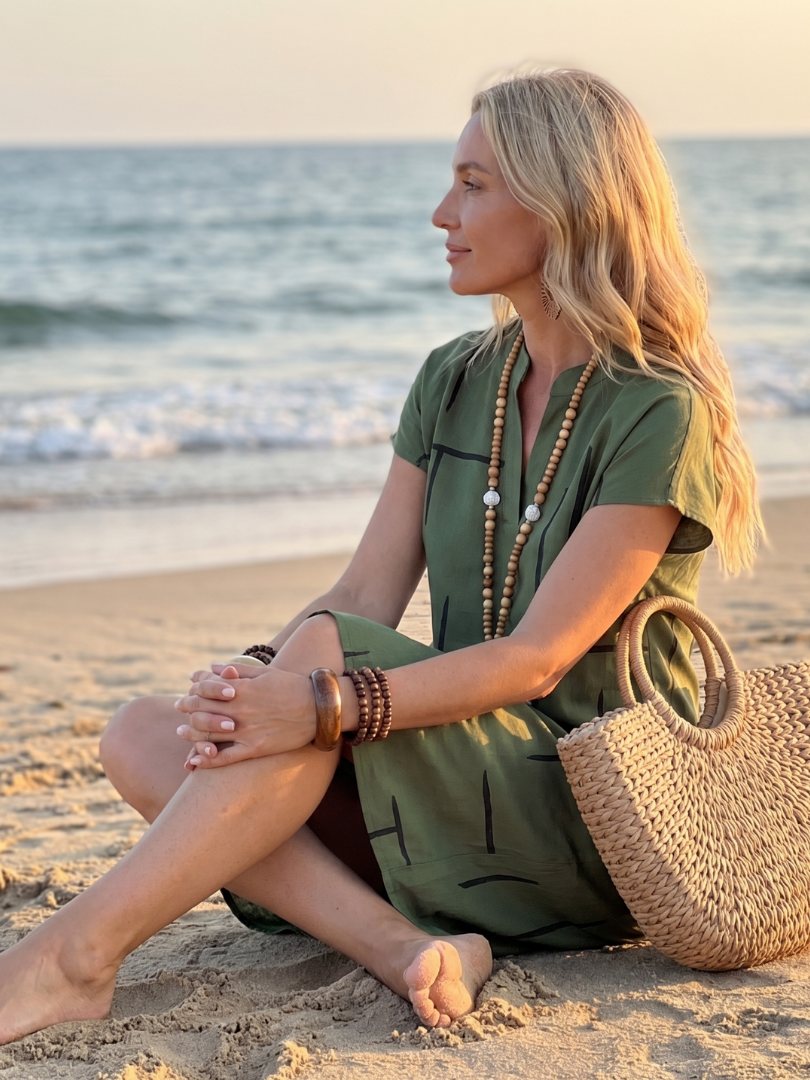 Vestido midi mujer algodón lino estampado geométrico escote V casual verano