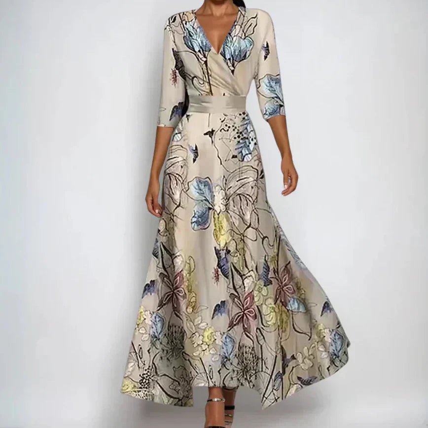 Vestido Largo Mujer Floral Elegante – Escote V y Ajuste Envolvente