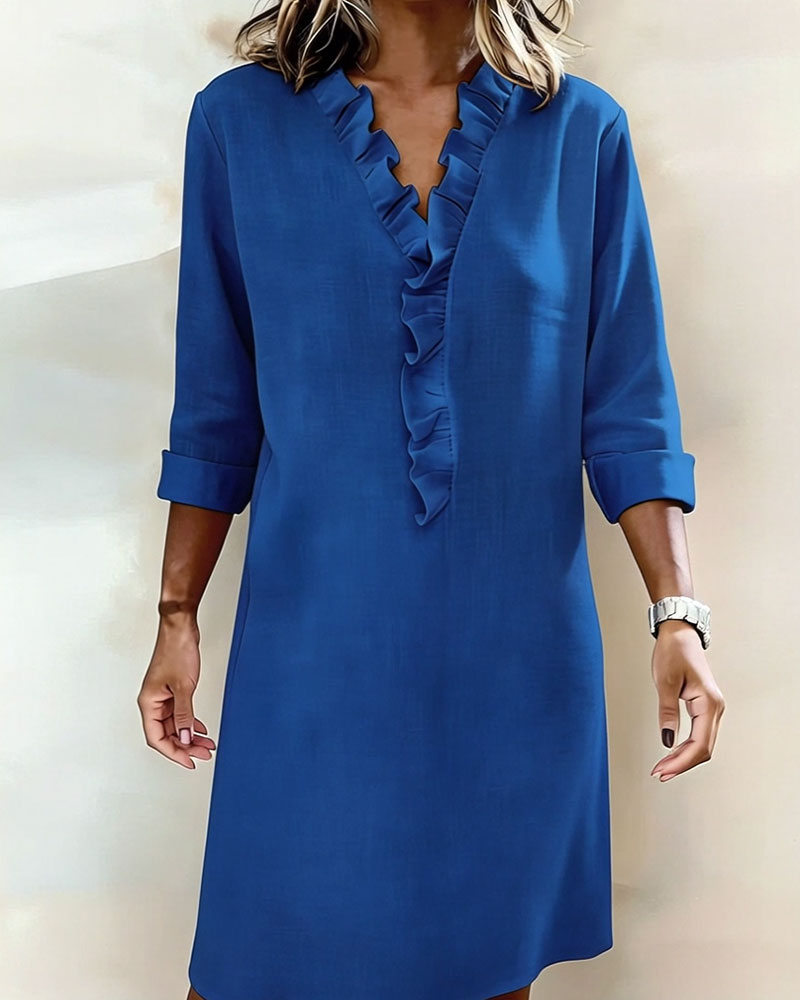 Vestido mujer lino algodón escote V volantes elegante casual