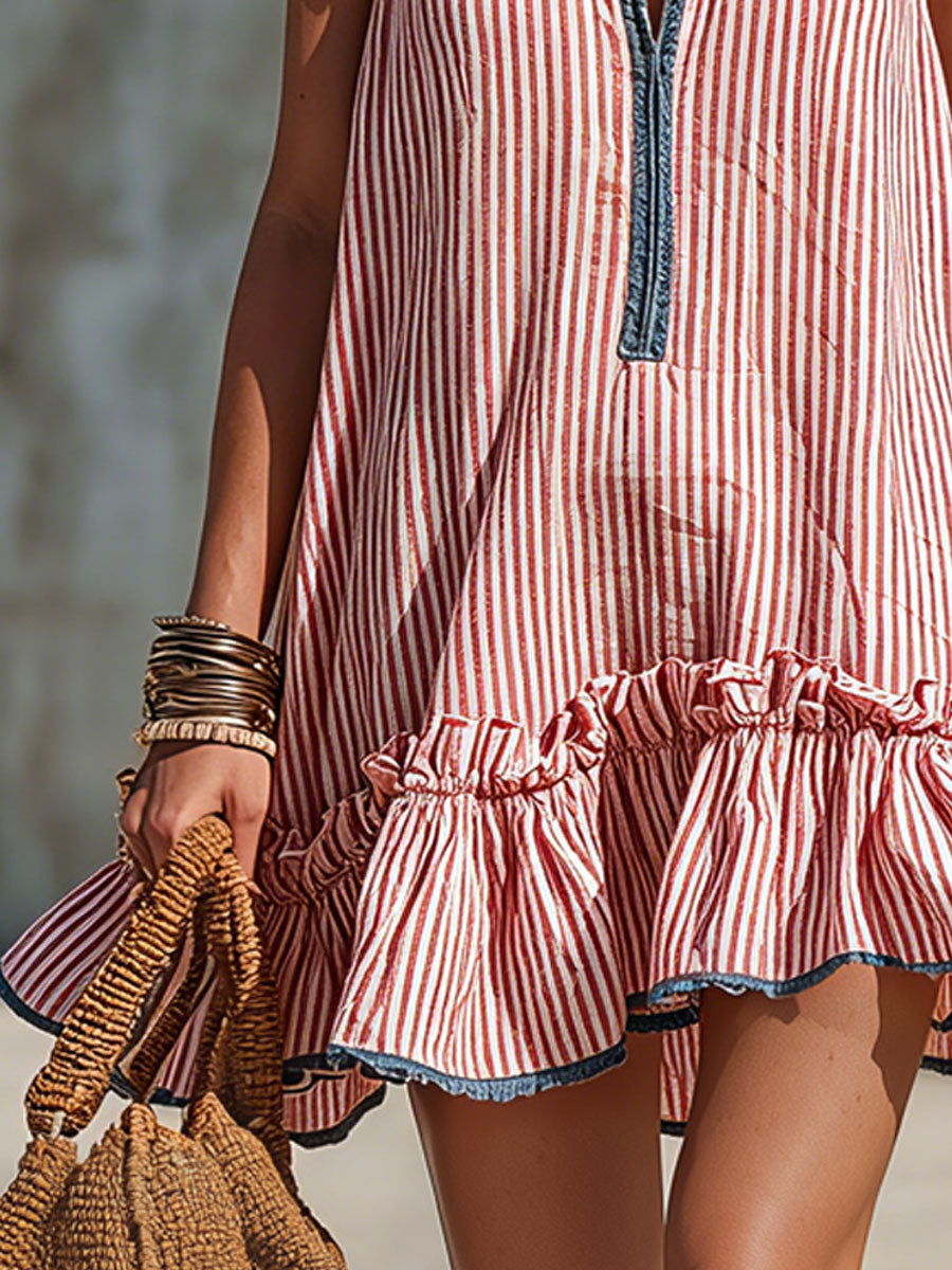 Vestido mini mujer halter de rayas con volantes estilo verano