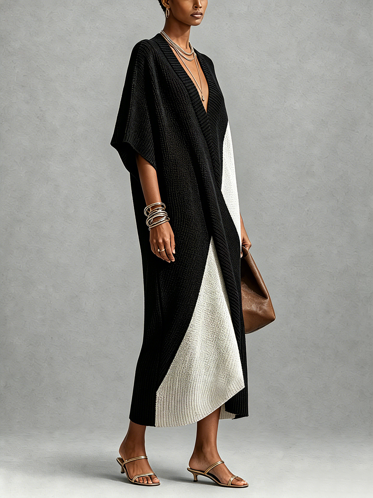Vestido midi bicolor mujer con escote en V