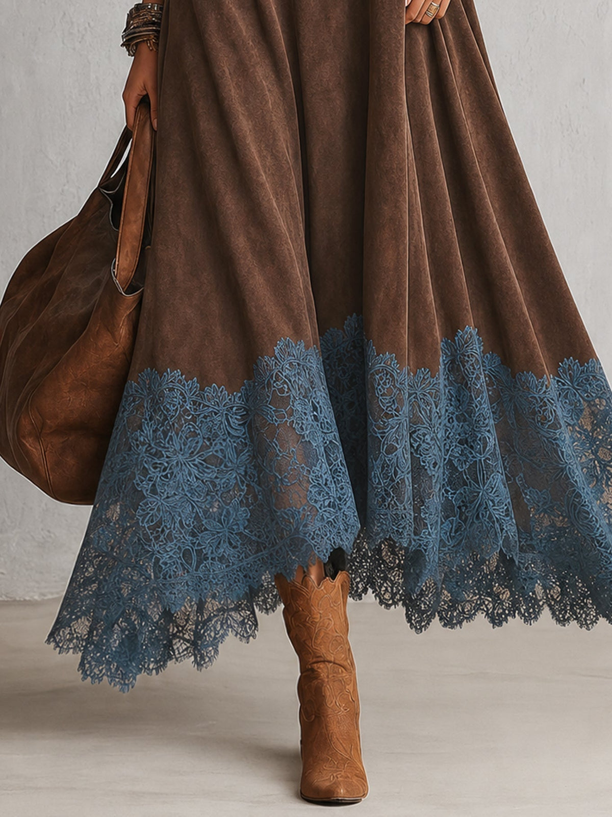 Vestido largo para mujer con cuello alto y bajo de encaje floral