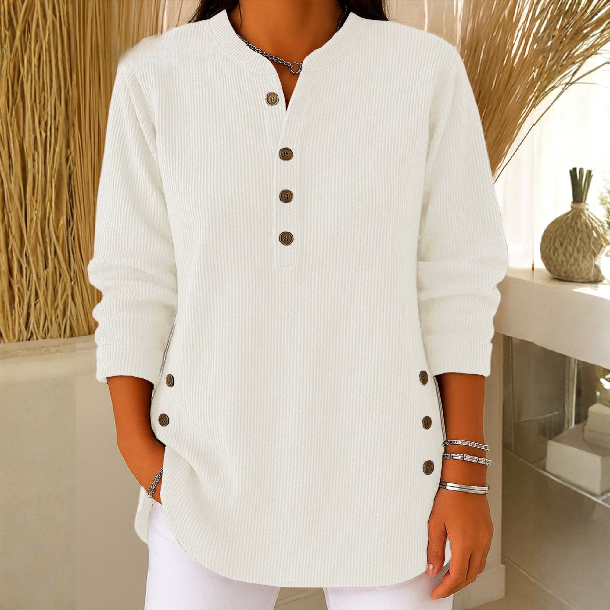 Sudadera Mujer Texturizada Con Botones – Suéter Casual De Manga Larga