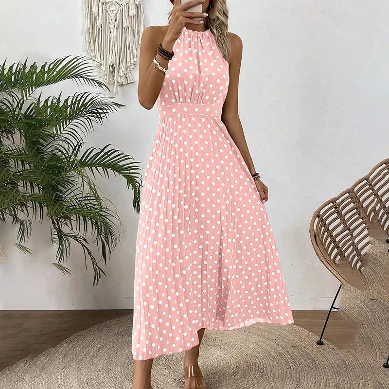 Vestido maxi de mujer con lunares y cuello halter