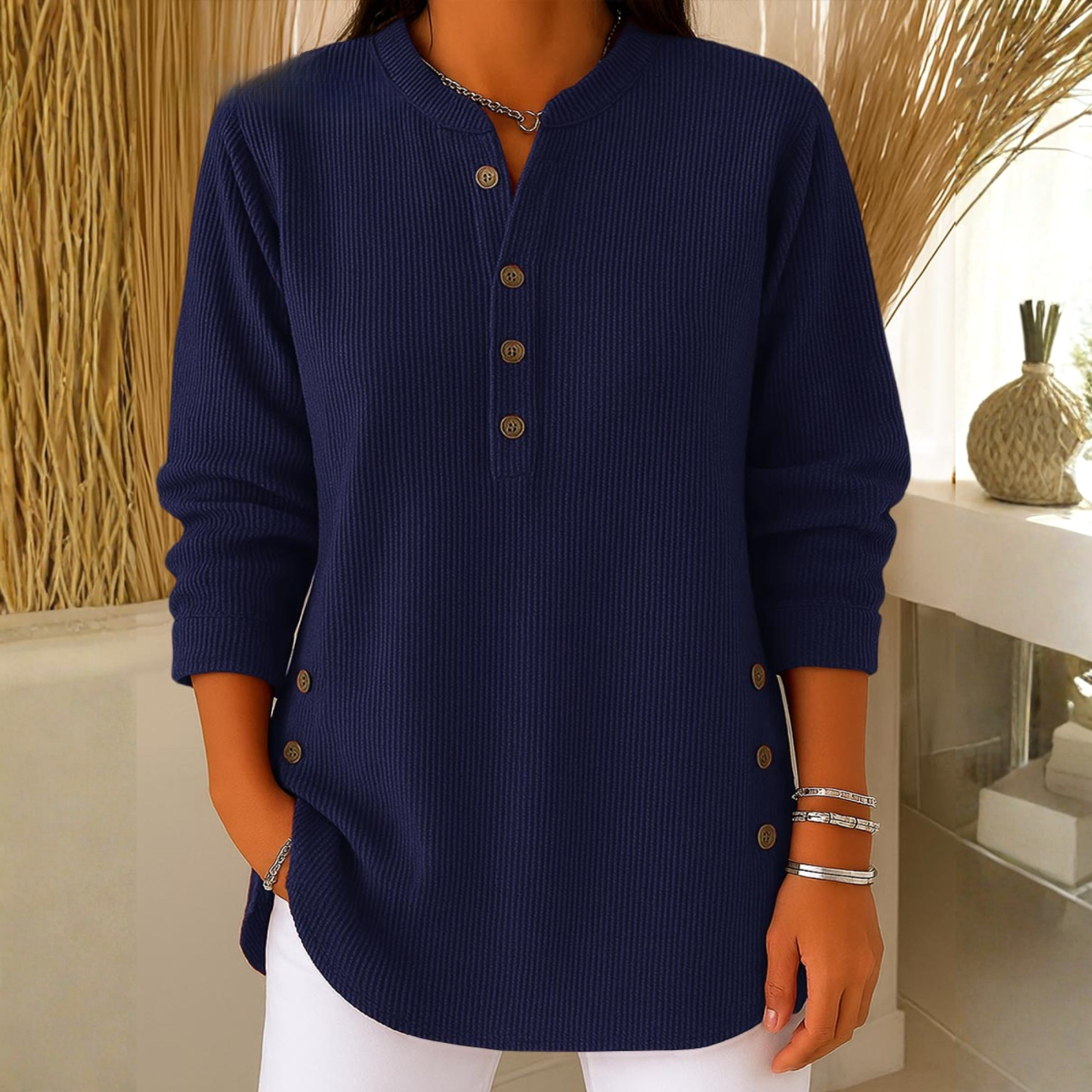 Sudadera Mujer Texturizada Con Botones – Suéter Casual De Manga Larga