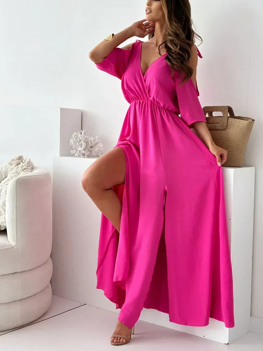 Vestido maxi mujer hombros descubiertos abertura elegante