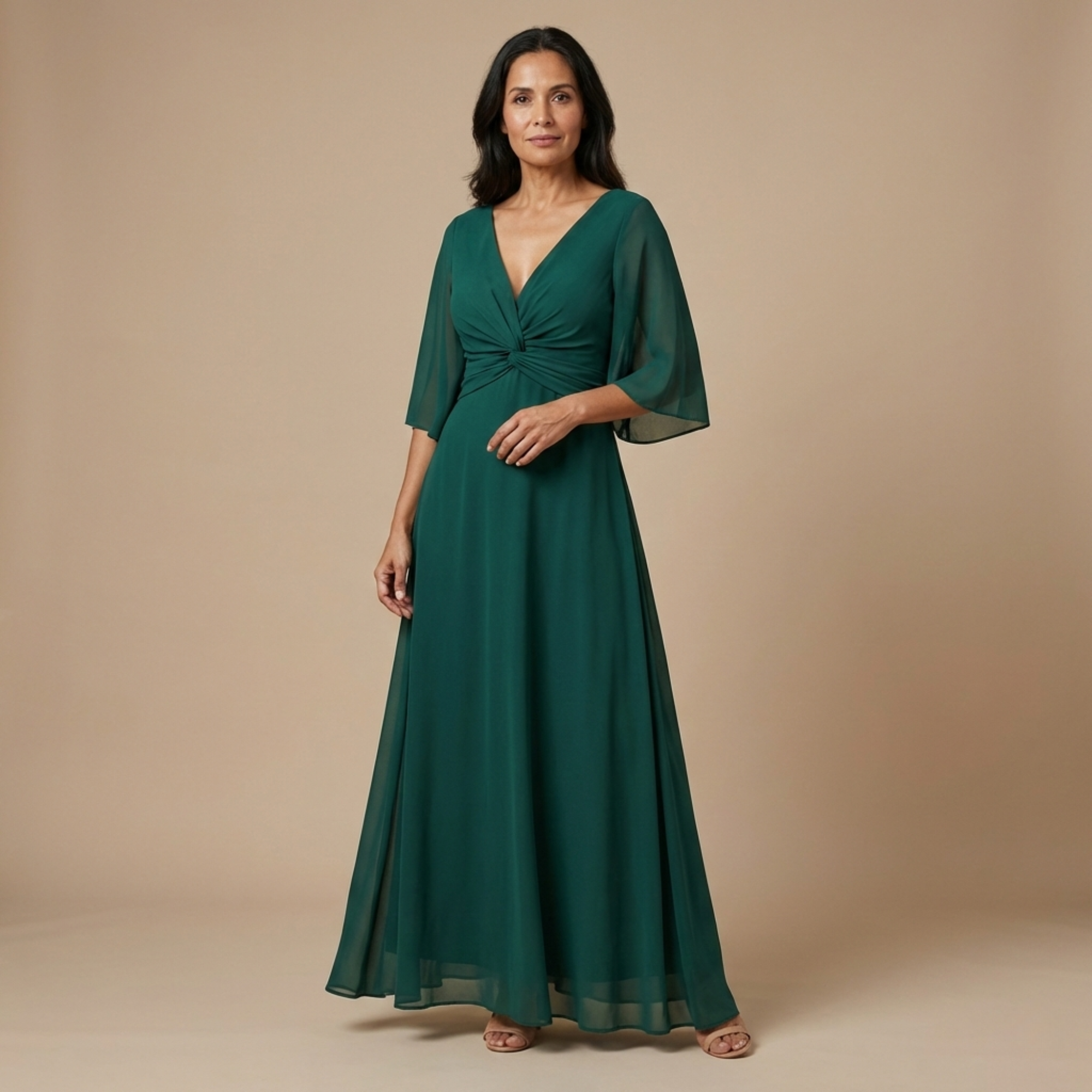 Vestido Largo Mujer Elegante Fluido – Escote V y Detalle Fruncido