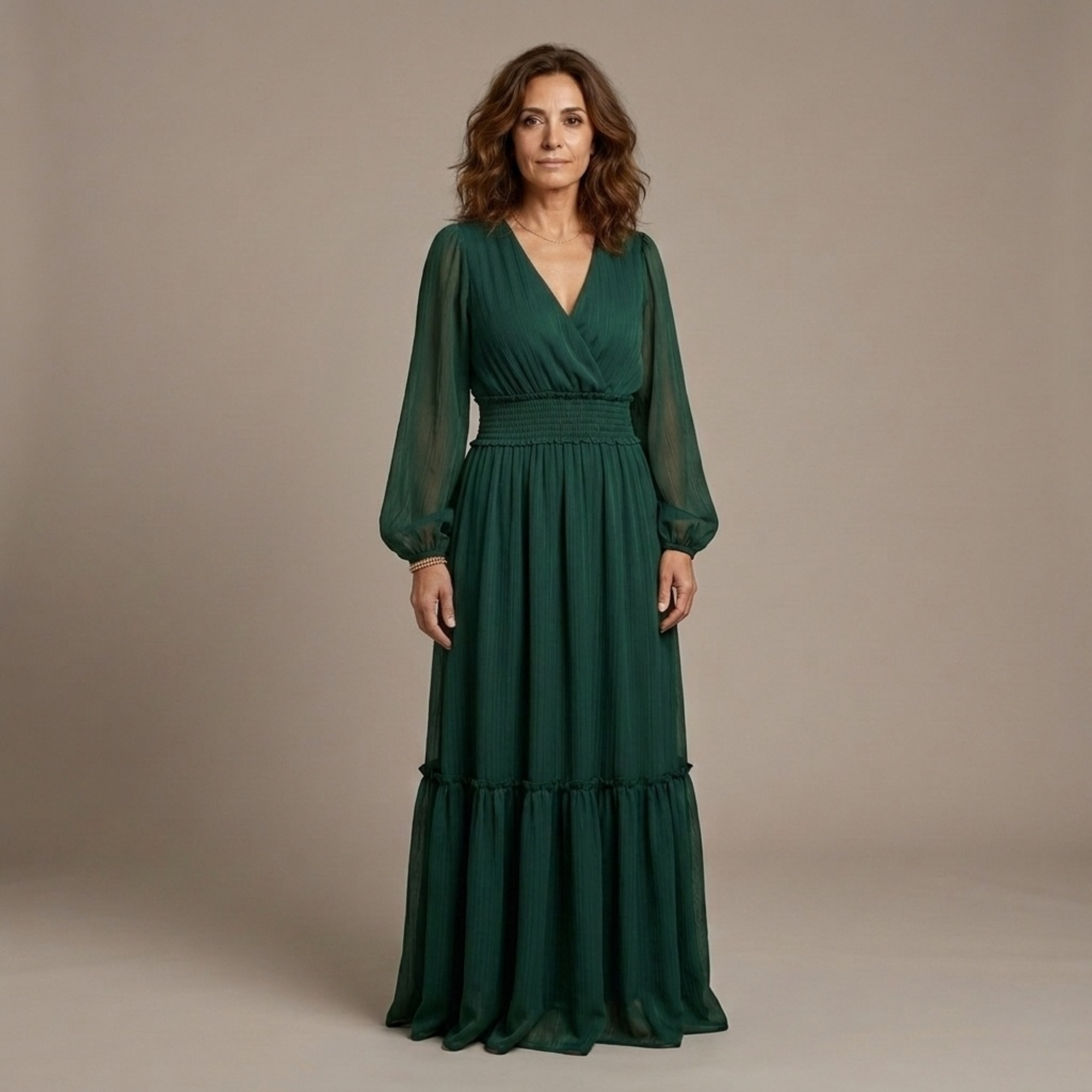 Vestido Largo Mujer Elegante Fluido – Escote V y Manga Larga