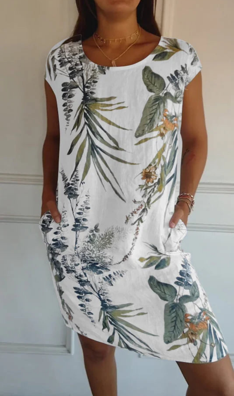 Vestido mujer fluido con estampado vegetal y bolsillos