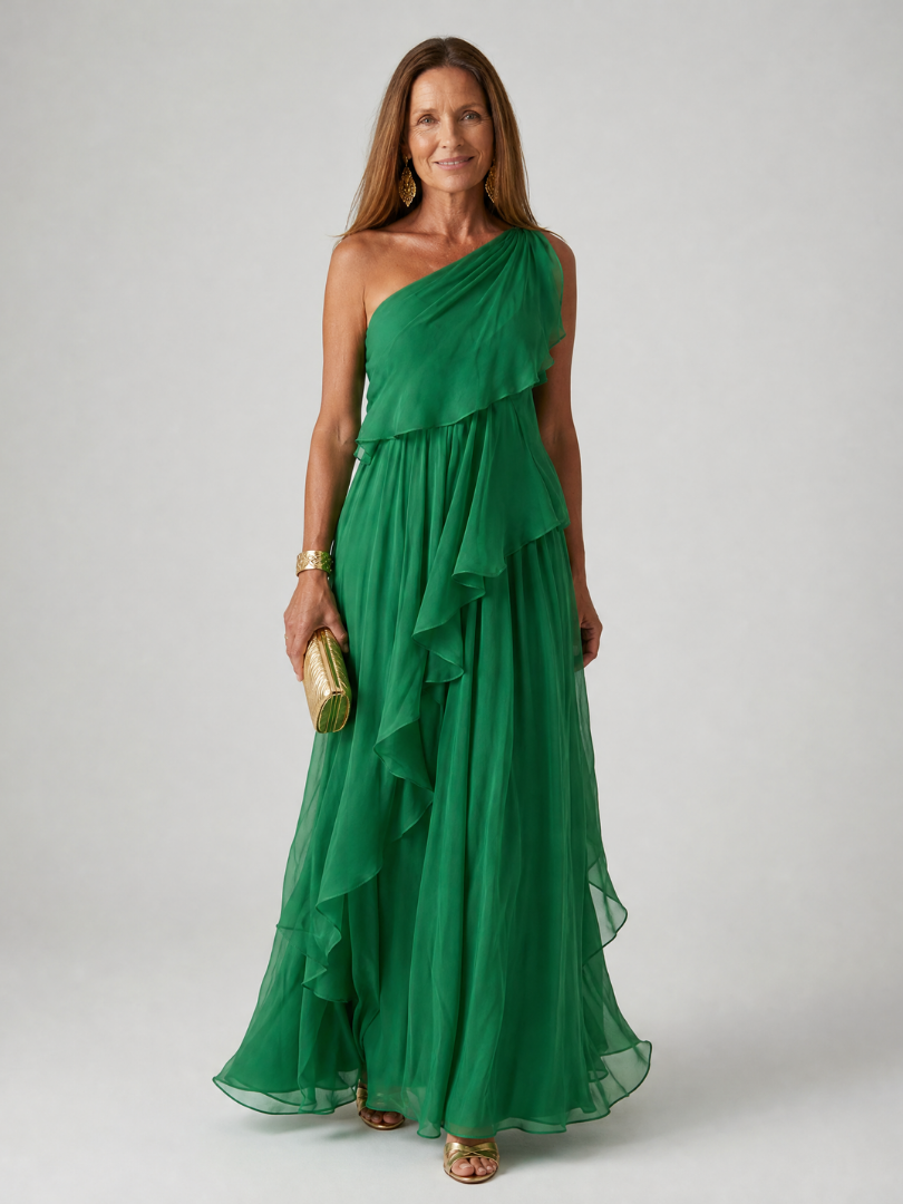 Vestido maxi asimétrico para mujer con volantes