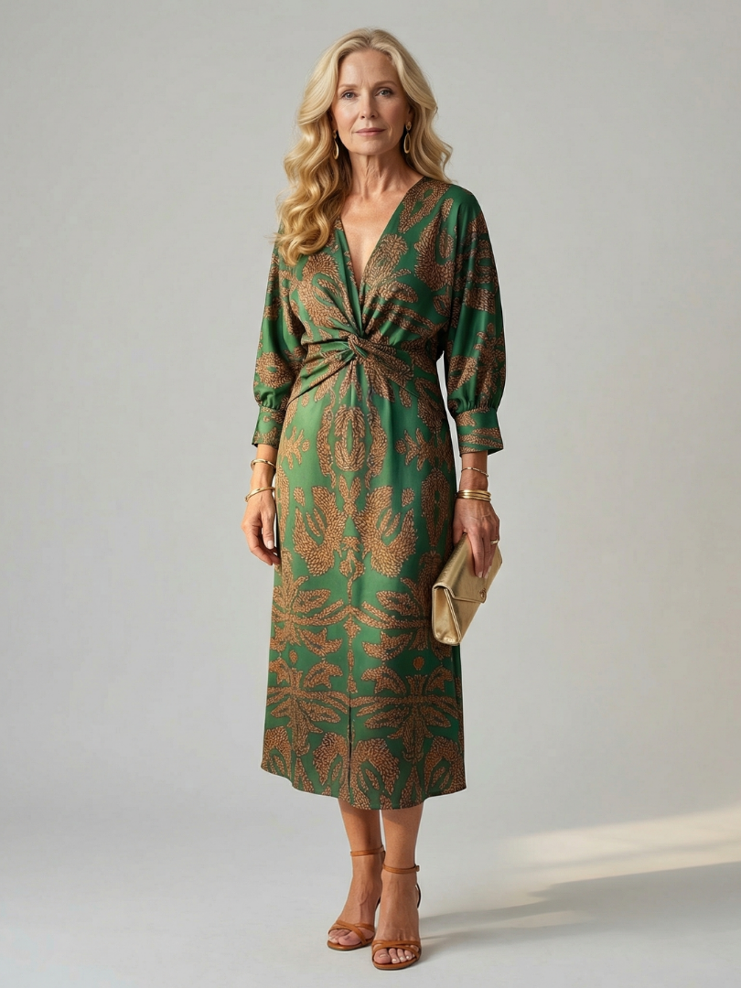 Vestido Midi Mujer Elegante – Corte Cruzado y Cintura Ajustada