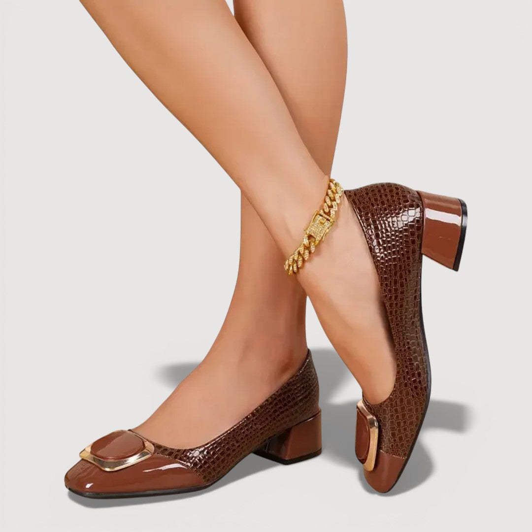 Tacones Bloque Mujer Con Acabado Croco – Zapatos Elegantes Cómodos De Tacón Bajo