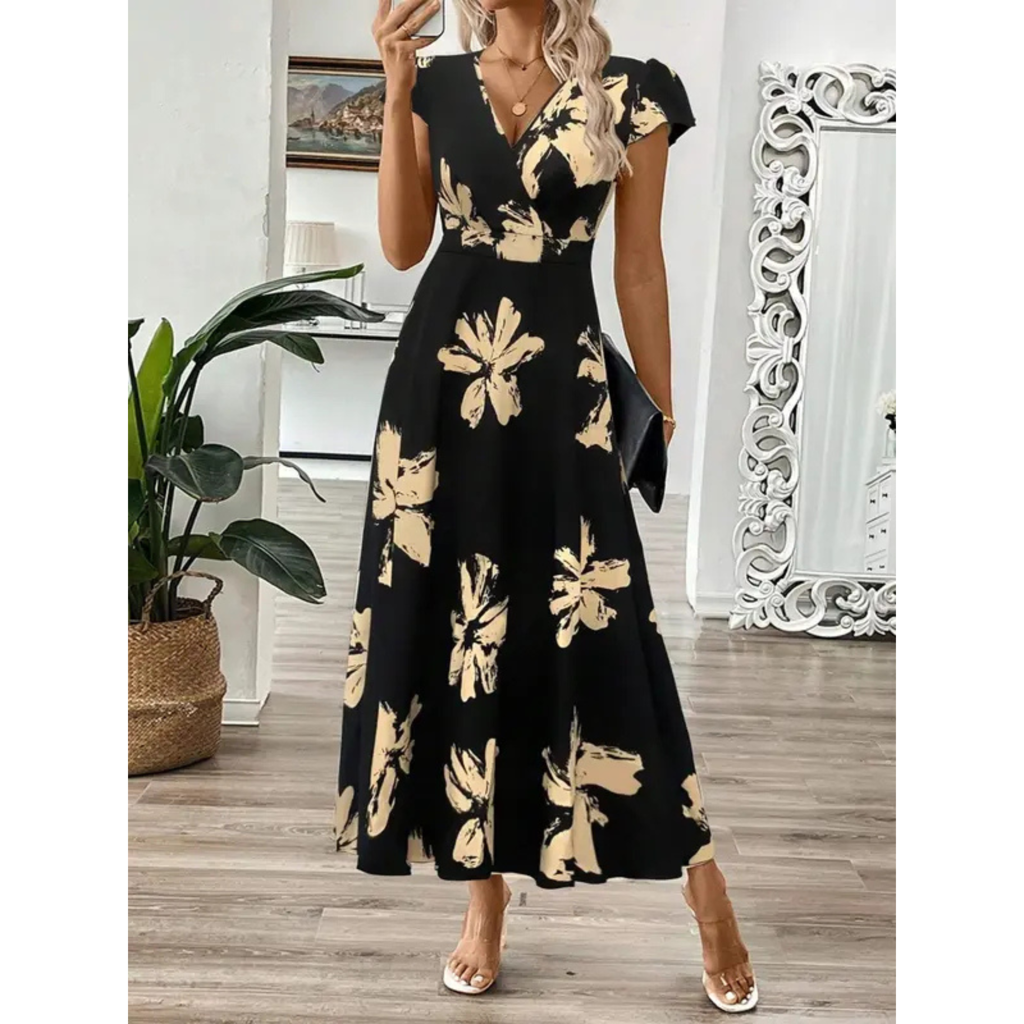 Vestido maxi mujer flores negro beige elegante fluido
