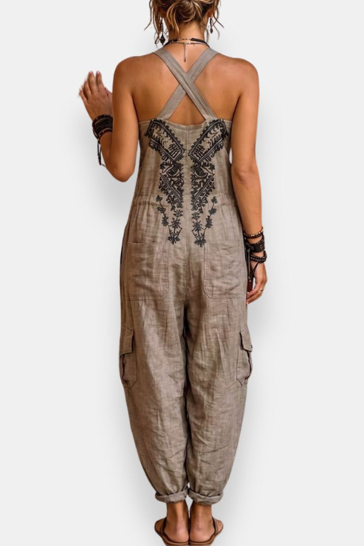 Mono bohemio de mujer bordado con tirantes y bolsillos holgado