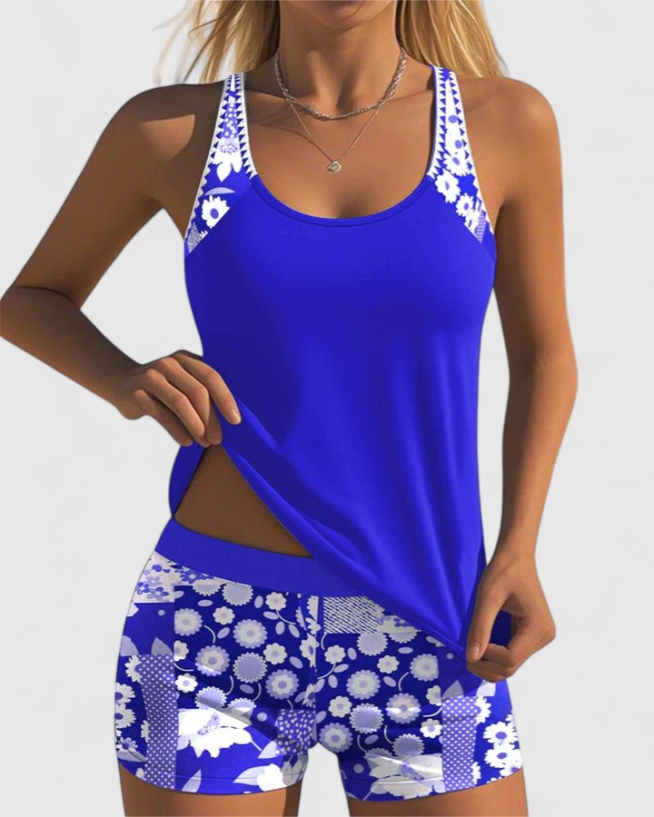 Tankini mujer dos piezas floral top liso espalda nadadora shorts deportivos
