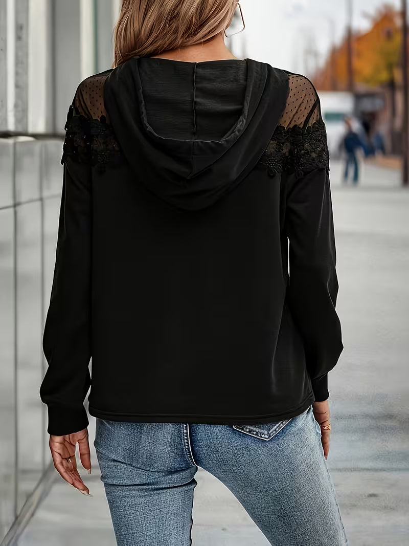 Sudadera elegante de mujer con encaje y capucha de manga larga