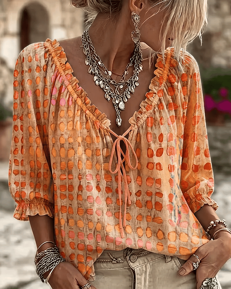 Blusa mujer de lunares con escote en V y cordón ajustable