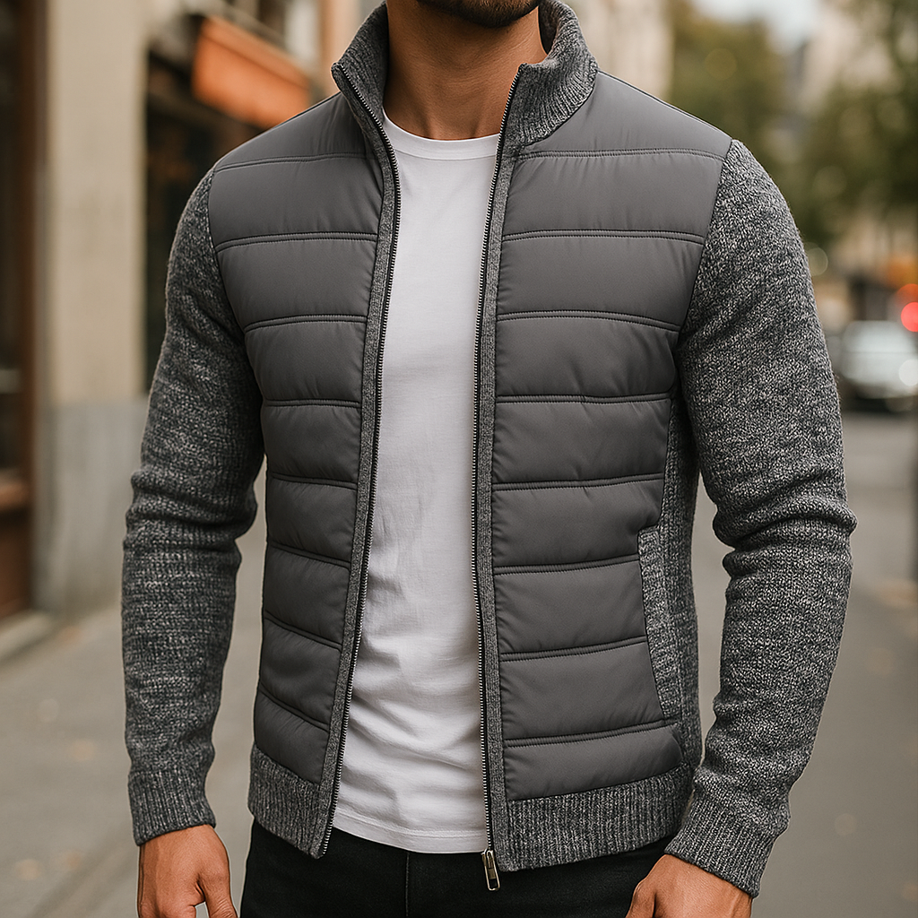 Chaqueta acolchada para hombre con mangas de punto y cuello alto