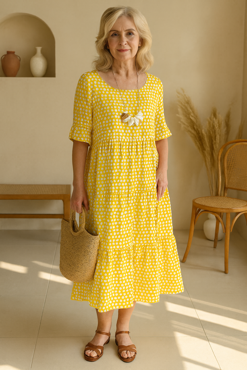Vestido midi mujer lunares manga corta vuelo por niveles casual elegante verano
