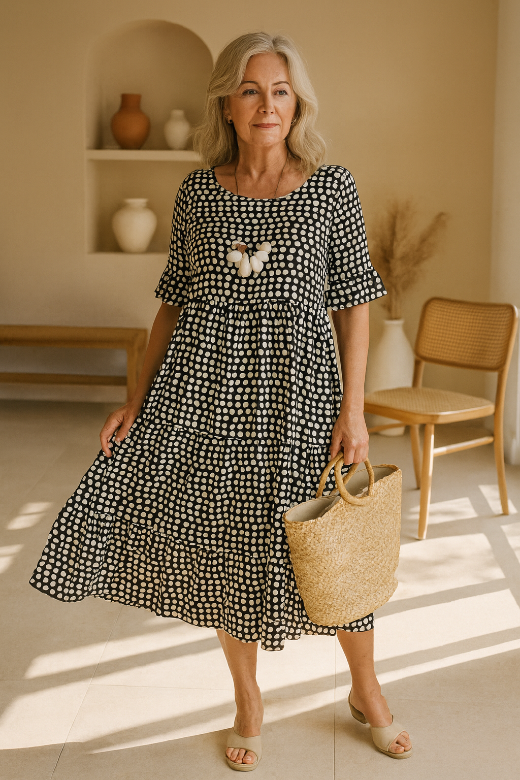 Vestido midi mujer lunares manga corta vuelo por niveles casual elegante verano