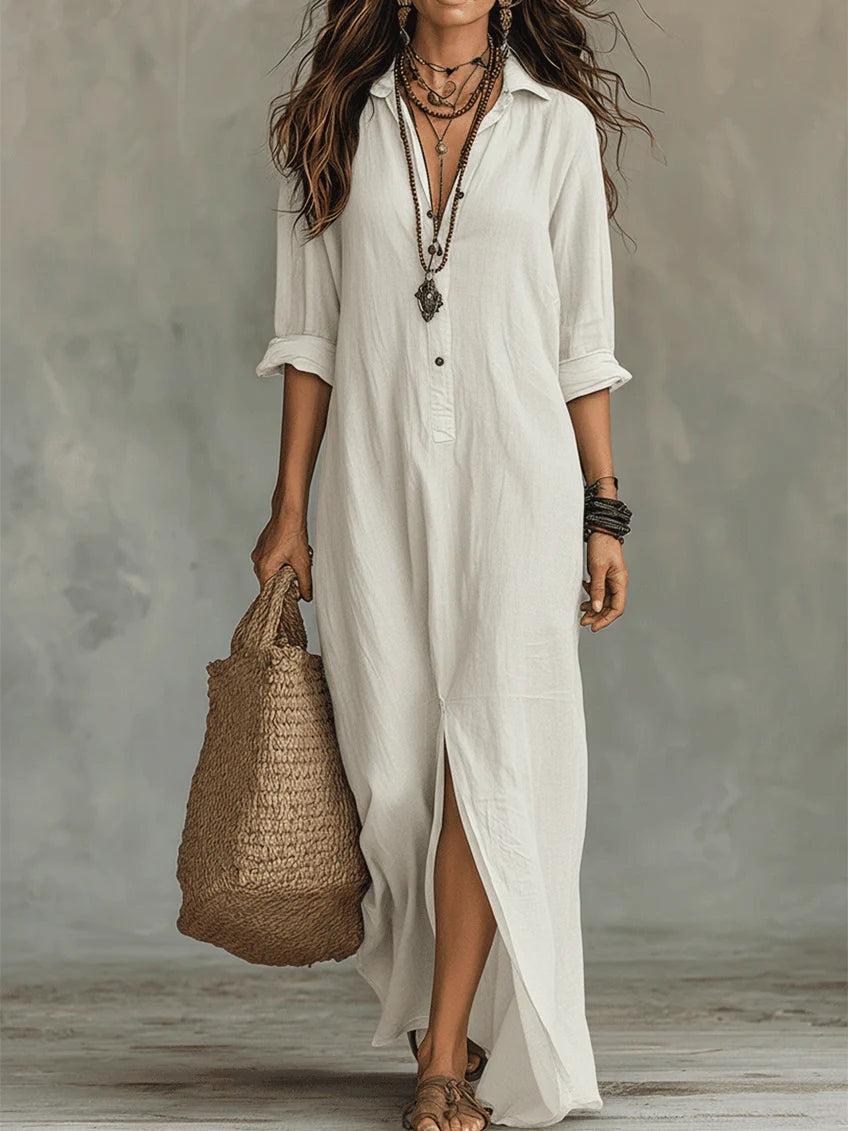 Vestido largo mujer fluido elegante con botones – vestido camisero ligero estilo atemporal