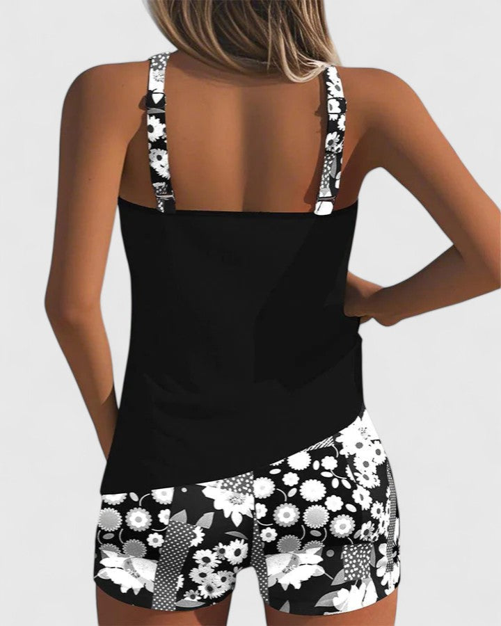 Tankini mujer dos piezas floral top liso espalda nadadora shorts deportivos