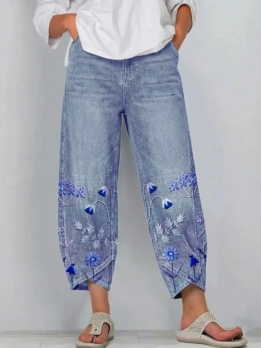 Pantalón mujer denim algodón bordado floral bajo pierna corte recto casual boho