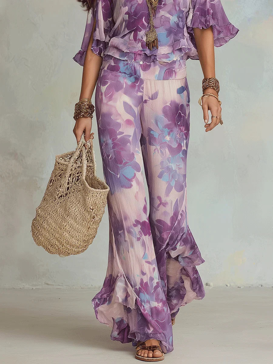Conjunto mujer dos piezas floral top volantes pantalón acampanado boho