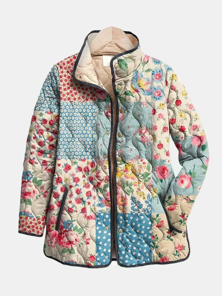 Chaqueta acolchada de mujer con estampado floral y corte recto