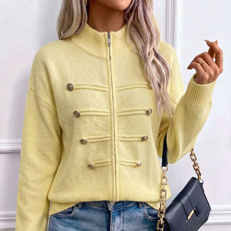 Cárdigan de punto para mujer con cuello alto, cremallera y botones decorativos