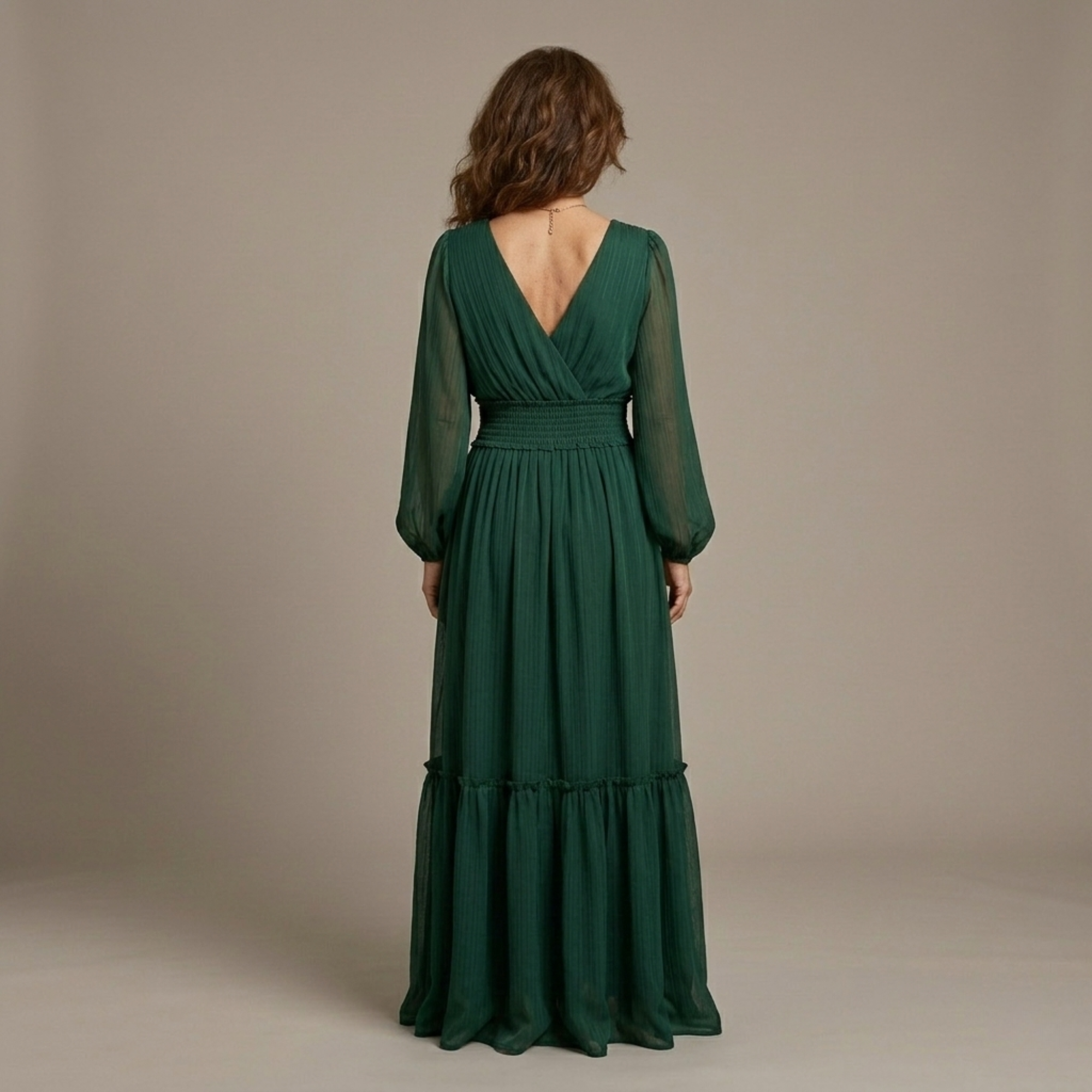 Vestido Largo Mujer Elegante Fluido – Escote V y Manga Larga