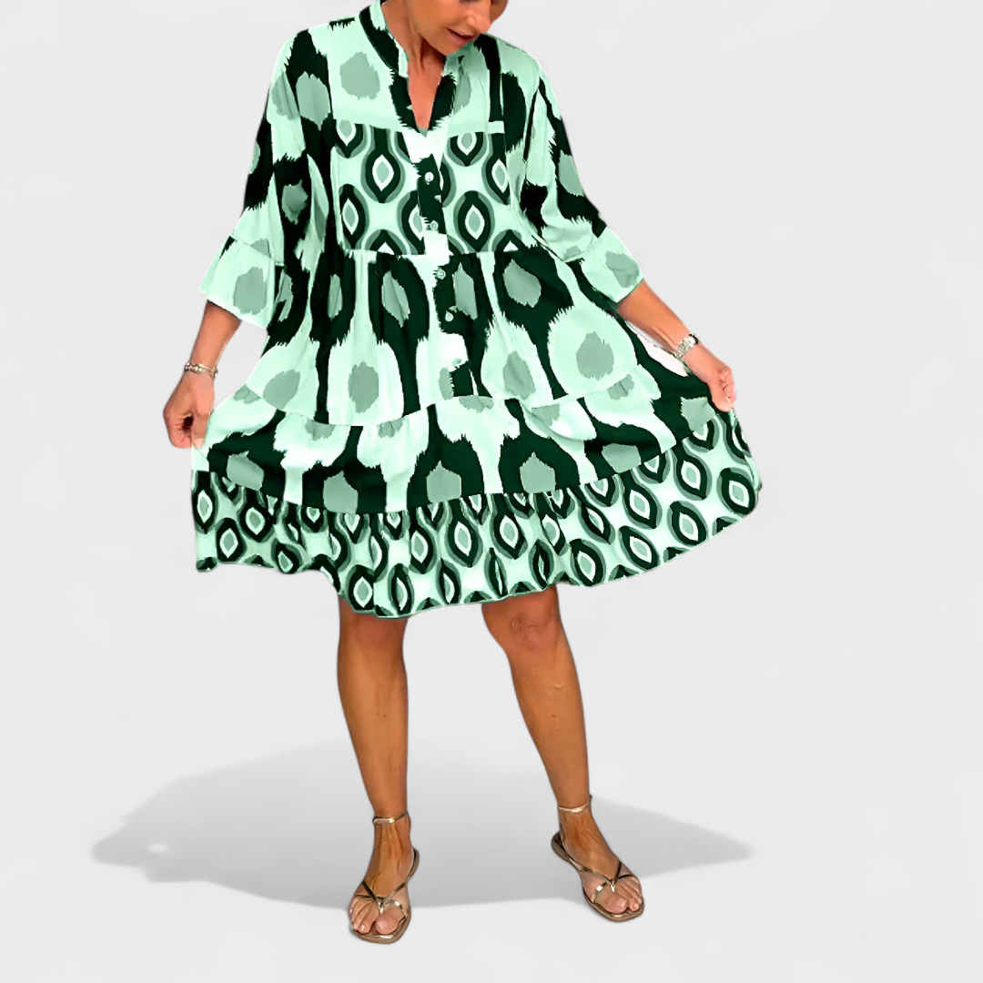Vestido mujer amplio estampado ikat geométrico cuello V manga acampanada casual
