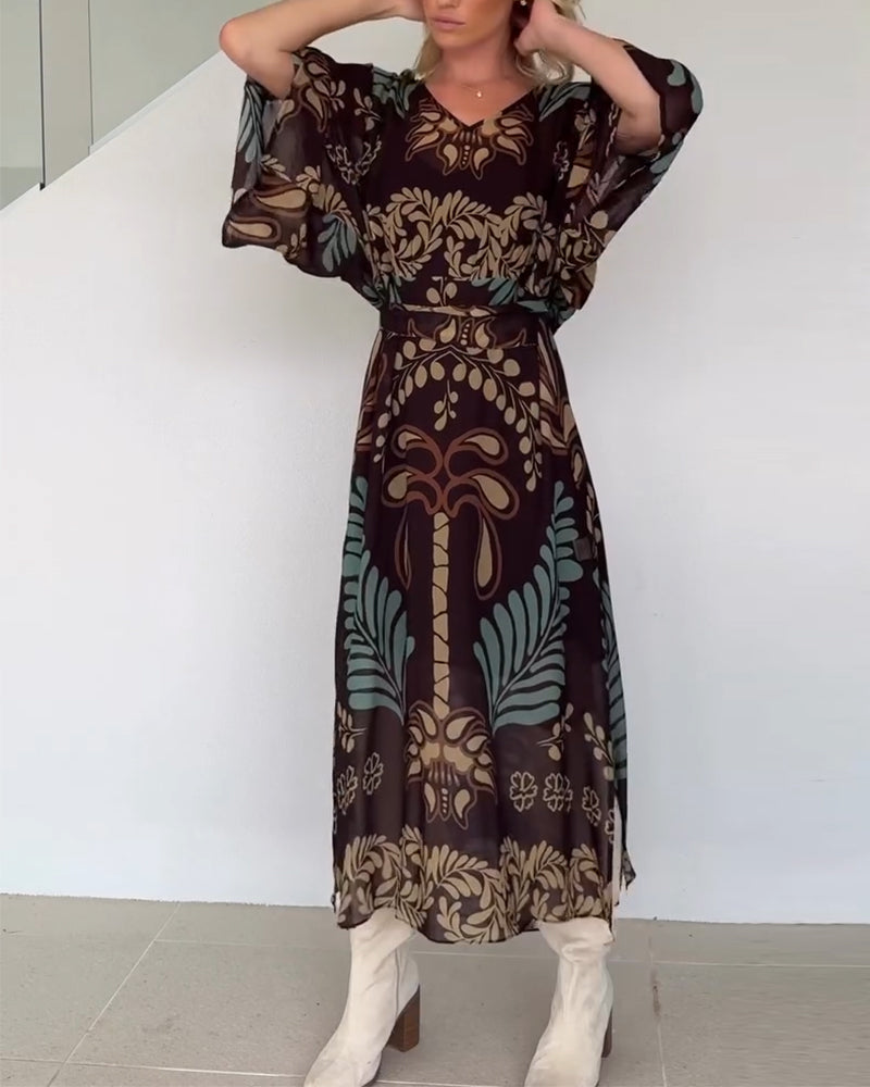 Vestido bohemio mujer maxi estampado hojas fluido elegante